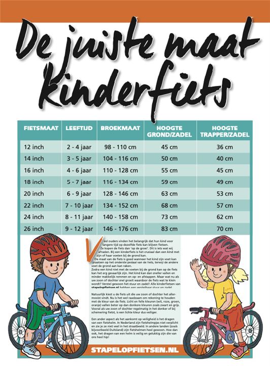 Tabel met kinderfietsmaten per lichaamslengte en leeftijd