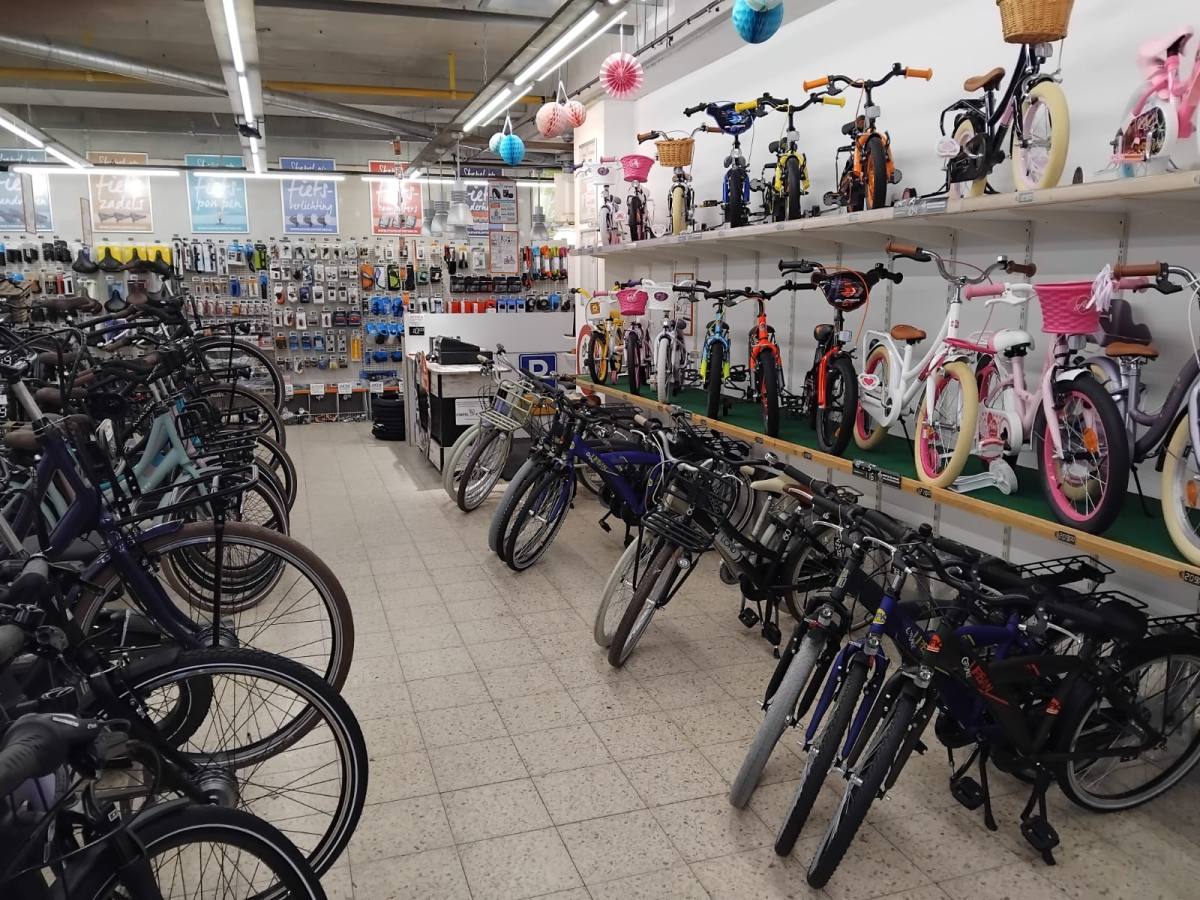 The wall of children's bikes from 12 to 26 inch in the shop